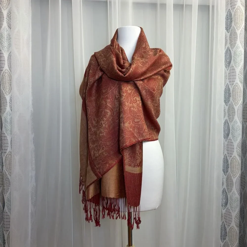 Reversible Pashmina Cashmere Silk Scarf Stole Wrap Shawl Paisley Burgundy Gold